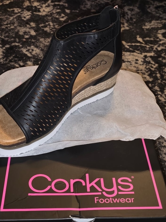 Corkys Shoes - Corkys Black Perforated Wedge Sandals